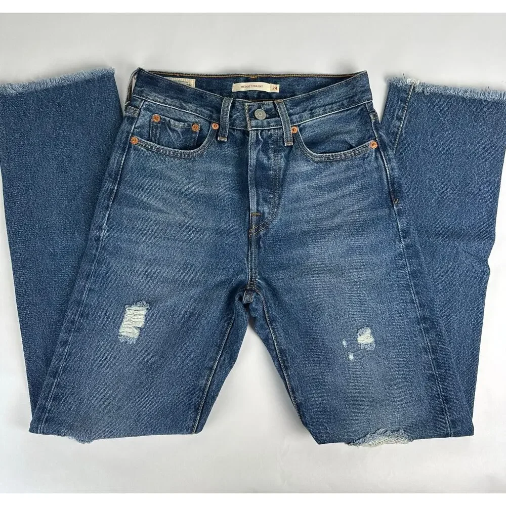 Levi's Wedgie Straight Ankle Jeans 24x28 Distressed Medium Indigo Raw Hem High - Picture 4 of 13